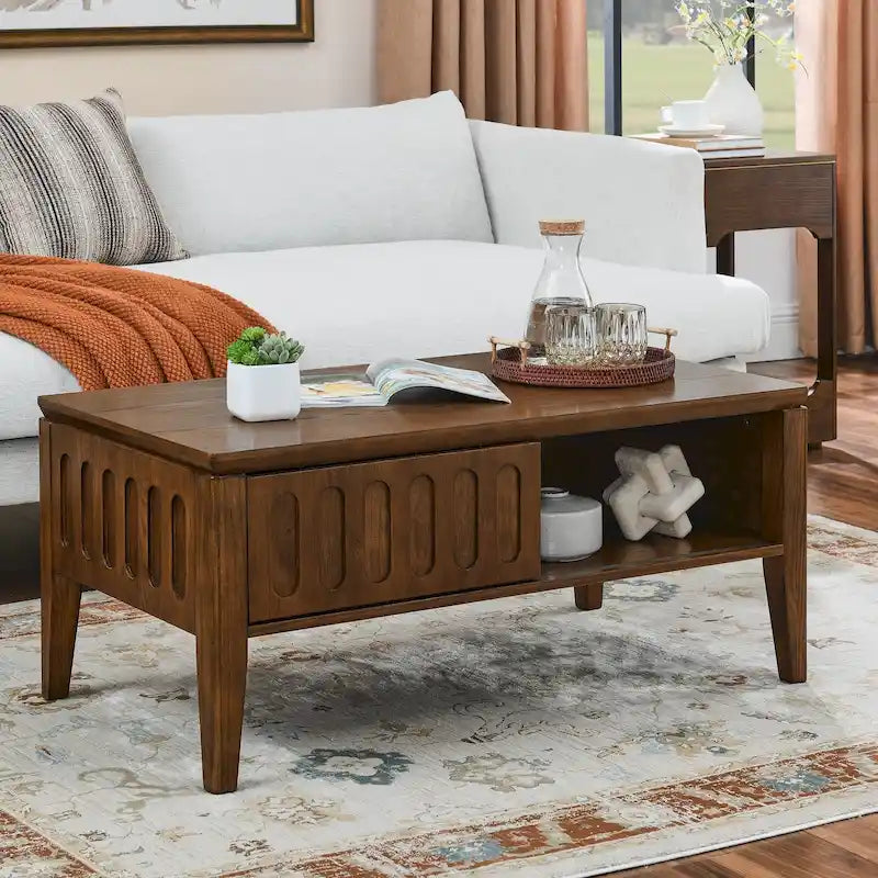 Table basse cannelée du milieu du siècle avec porte coulissante de rangement et pieds en bois, table basse centrale en bois de ferme vintage
