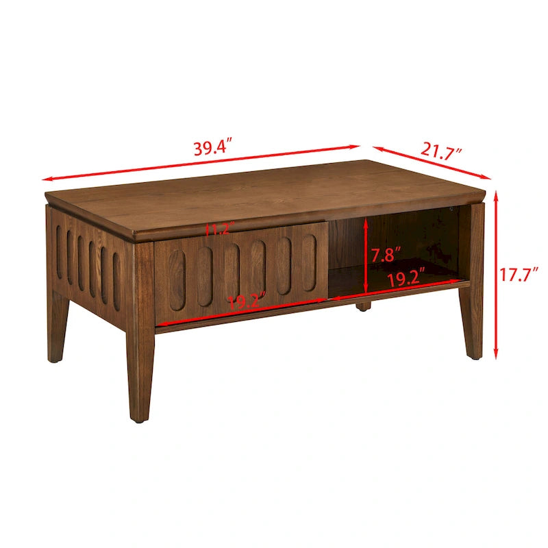 Table basse cannelée du milieu du siècle avec porte coulissante de rangement et pieds en bois, table basse centrale en bois de ferme vintage