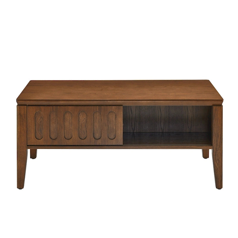 Table basse cannelée du milieu du siècle avec porte coulissante de rangement et pieds en bois, table basse centrale en bois de ferme vintage