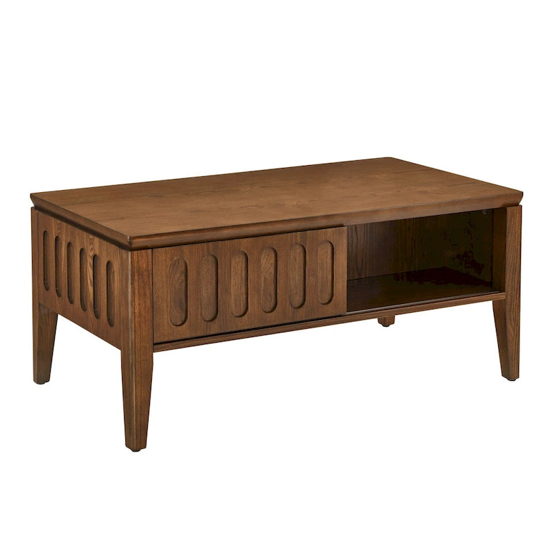 Table basse cannelée du milieu du siècle avec porte coulissante de rangement et pieds en bois, table basse centrale en bois de ferme vintage