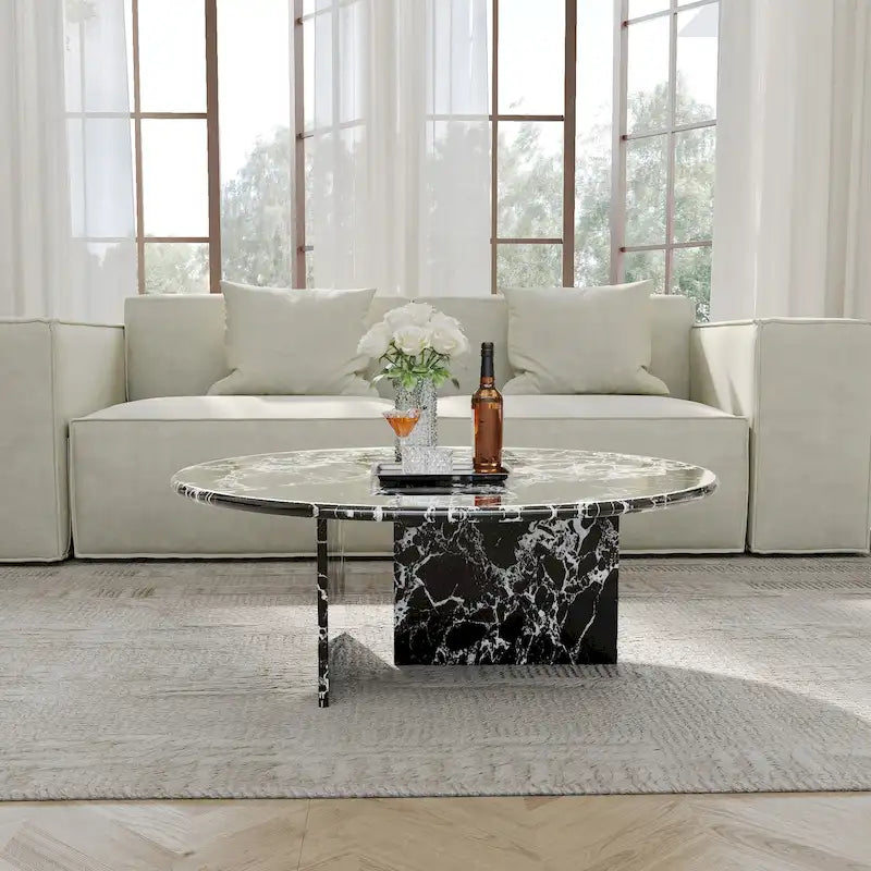 35.43Table basse ronde moderne, plateau en simili marbre brillant