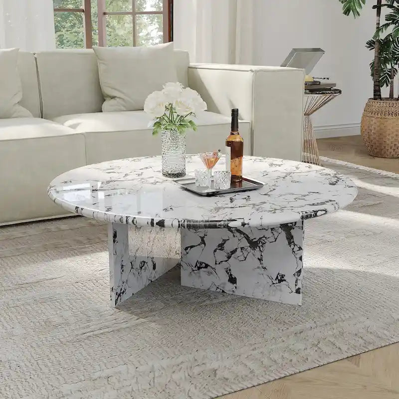 35.43Table basse ronde moderne, plateau en simili marbre brillant