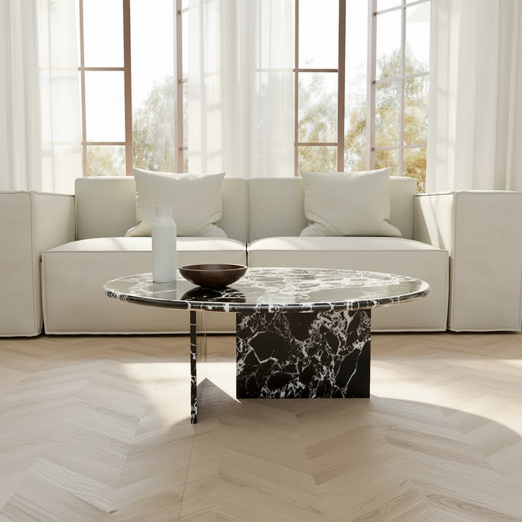 35.43Modern Round Coffee Table,Glossy Faux Marble Table top