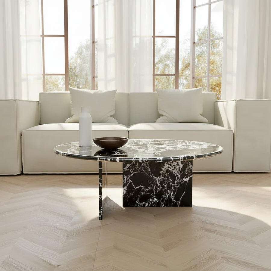 35.43Modern Round Coffee Table,Glossy Faux Marble Table top