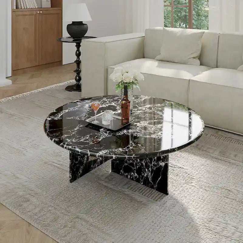 35.43Table basse ronde moderne, plateau en simili marbre brillant