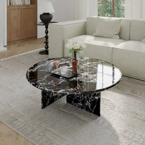 35.43Table basse ronde moderne, plateau en simili marbre brillant