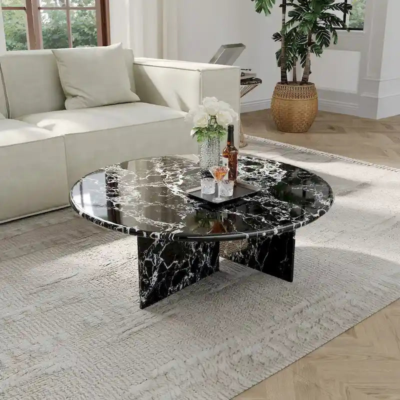 35.43Table basse ronde moderne, plateau en simili marbre brillant