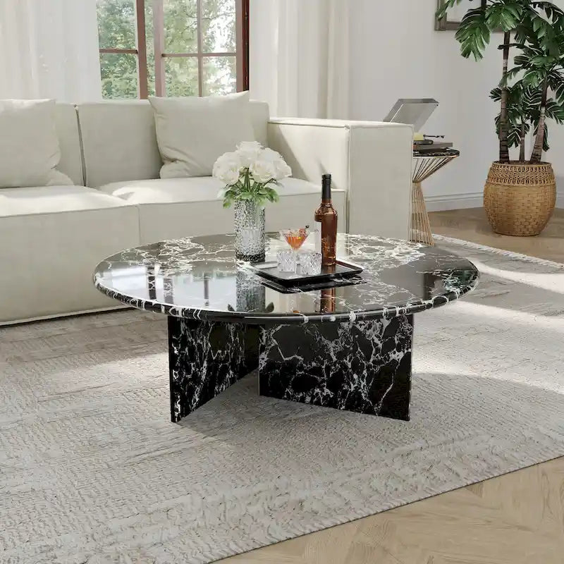 35.43Table basse ronde moderne, plateau en simili marbre brillant