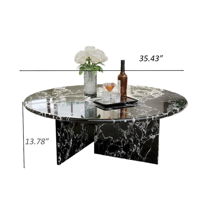 35.43Table basse ronde moderne, plateau en simili marbre brillant