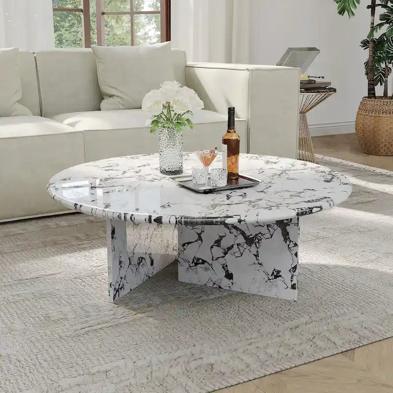 35.43Table basse ronde moderne, plateau en simili marbre brillant