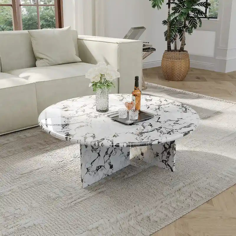 35.43Table basse ronde moderne, plateau en simili marbre brillant