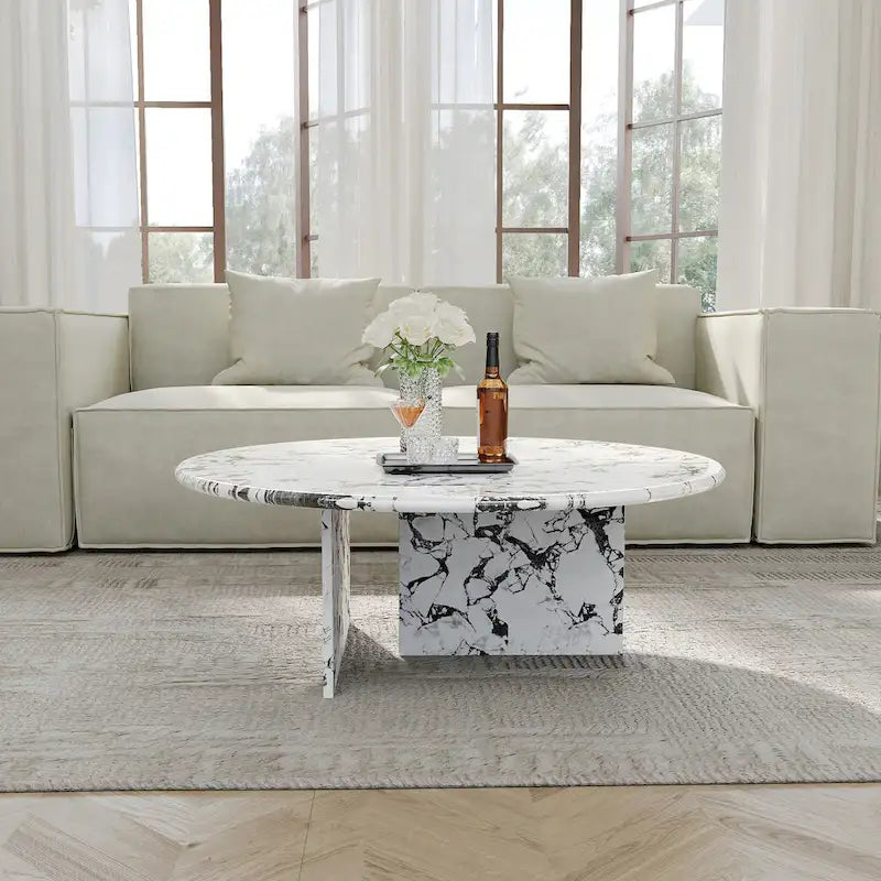 35.43Table basse ronde moderne, plateau en simili marbre brillant