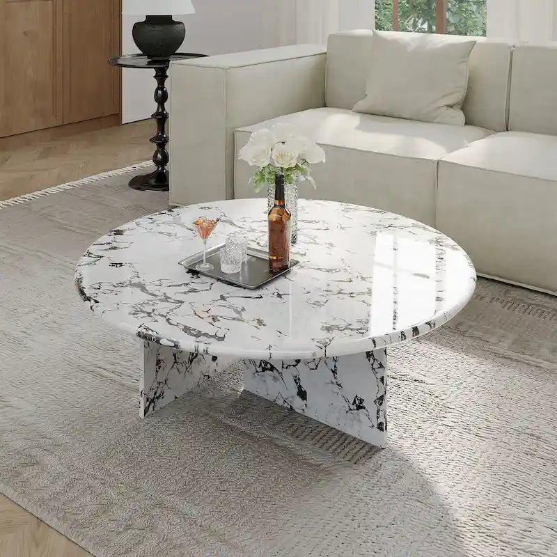 35.43Table basse ronde moderne, plateau en simili marbre brillant