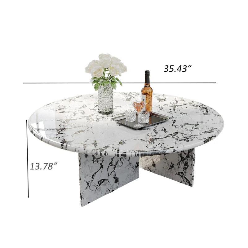 35.43Table basse ronde moderne, plateau en simili marbre brillant