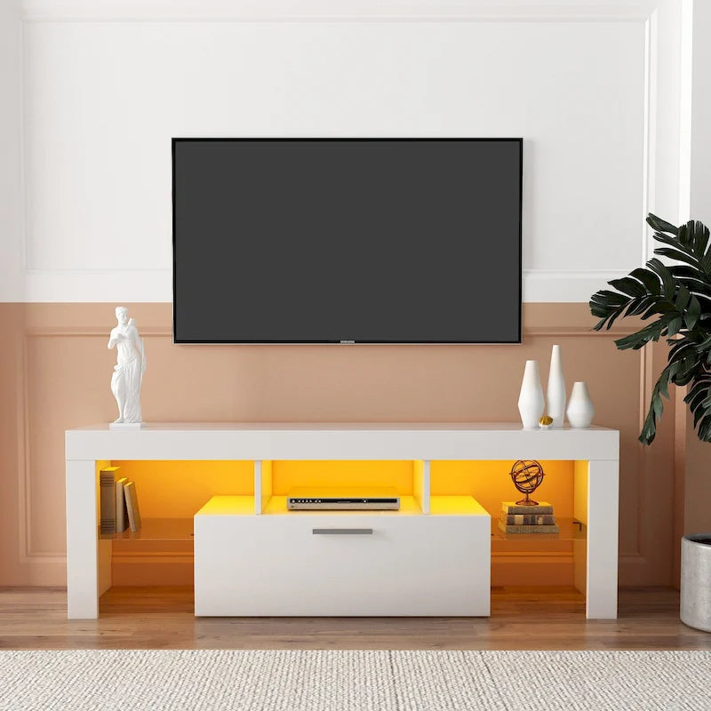 Meuble TV blanc de 130 cm avec lumières LED et étagère en verre trempé pour téléviseurs jusqu'à 55 pouces