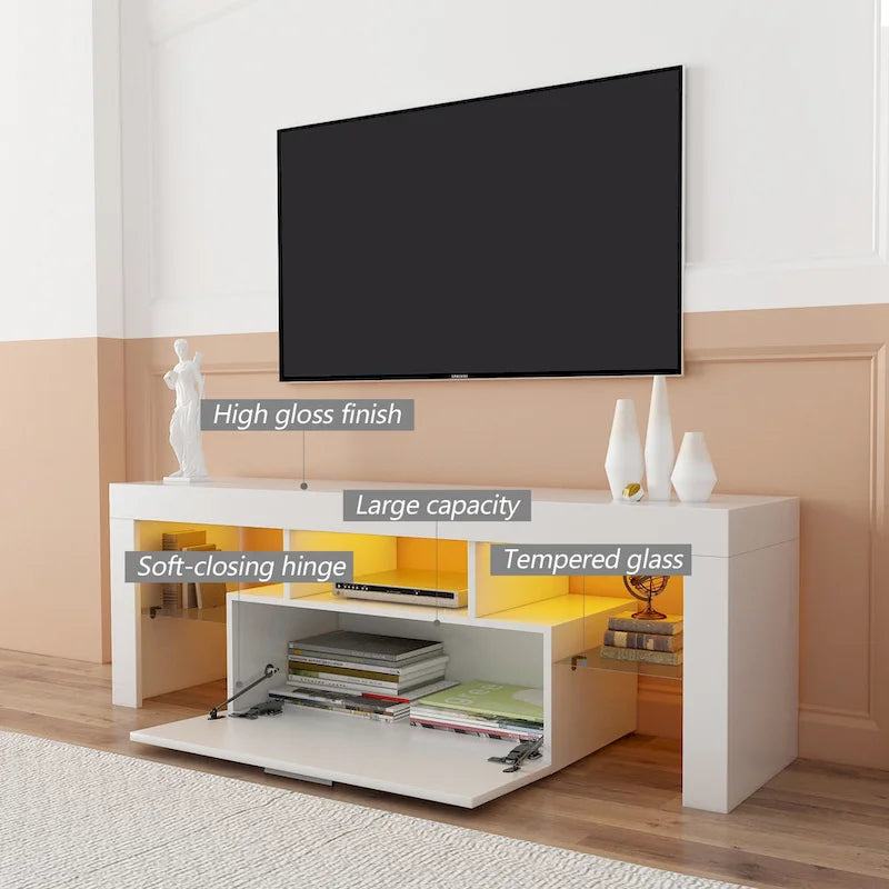 Meuble TV blanc de 130 cm avec lumières LED et étagère en verre trempé pour téléviseurs jusqu'à 55 pouces