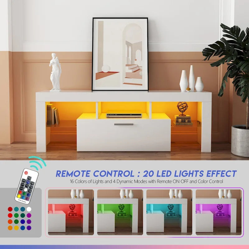 Meuble TV blanc de 130 cm avec lumières LED et étagère en verre trempé pour téléviseurs jusqu'à 55 pouces
