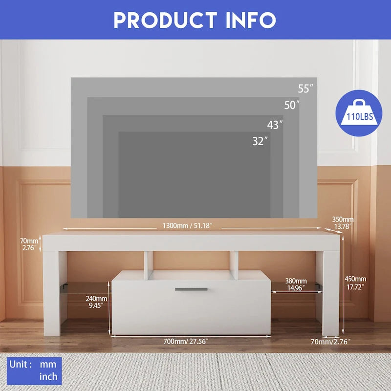 Meuble TV blanc de 130 cm avec lumières LED et étagère en verre trempé pour téléviseurs jusqu'à 55 pouces
