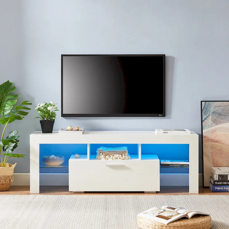 Meuble TV blanc de 130 cm avec lumières LED et étagère en verre trempé pour téléviseurs jusqu'à 55 pouces