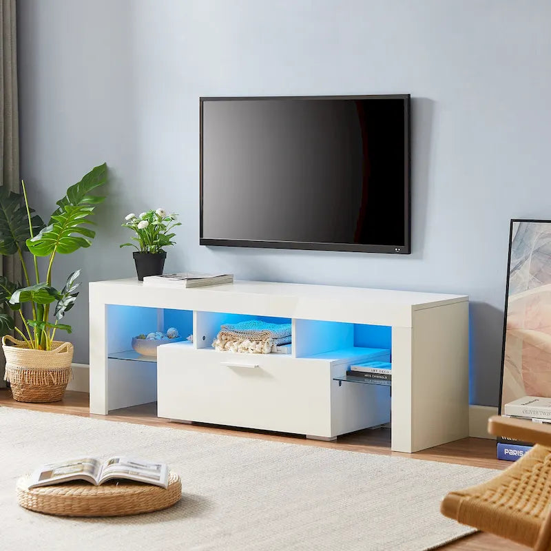 Meuble TV blanc de 130 cm avec lumières LED et étagère en verre trempé pour téléviseurs jusqu'à 55 pouces