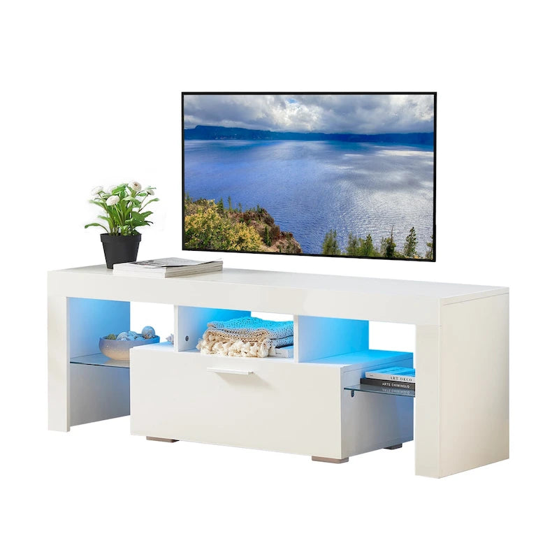 Meuble TV blanc de 130 cm avec lumières LED et étagère en verre trempé pour téléviseurs jusqu'à 55 pouces
