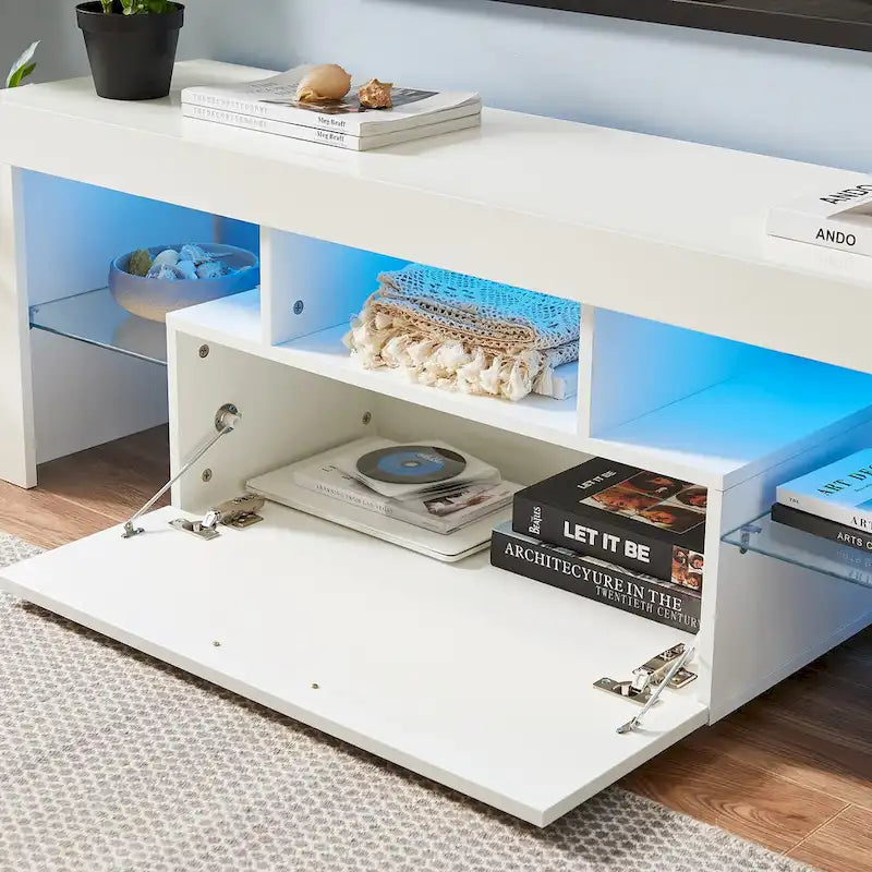 Meuble TV blanc de 130 cm avec lumières LED et étagère en verre trempé pour téléviseurs jusqu'à 55 pouces