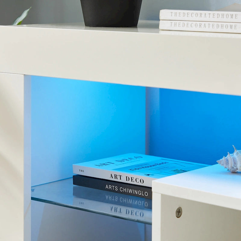 Meuble TV blanc de 130 cm avec lumières LED et étagère en verre trempé pour téléviseurs jusqu'à 55 pouces
