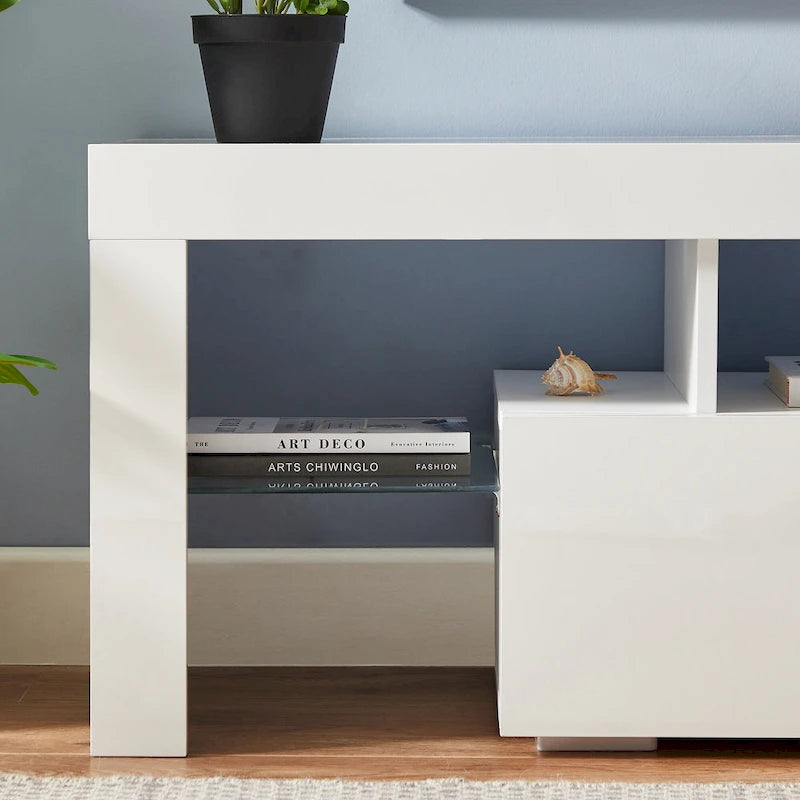 Meuble TV blanc de 130 cm avec lumières LED et étagère en verre trempé pour téléviseurs jusqu'à 55 pouces