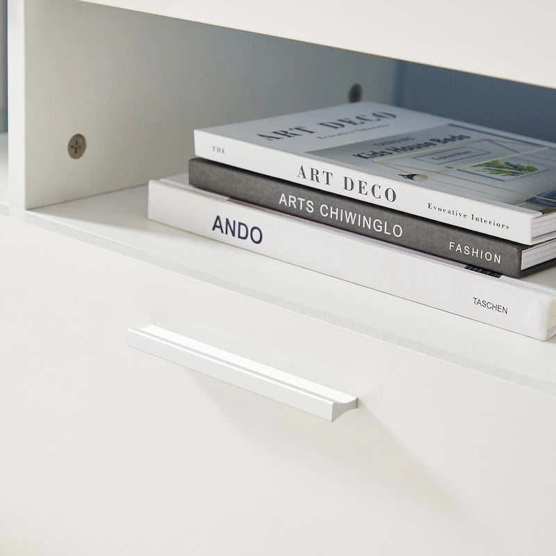 Meuble TV blanc de 130 cm avec lumières LED et étagère en verre trempé pour téléviseurs jusqu'à 55 pouces