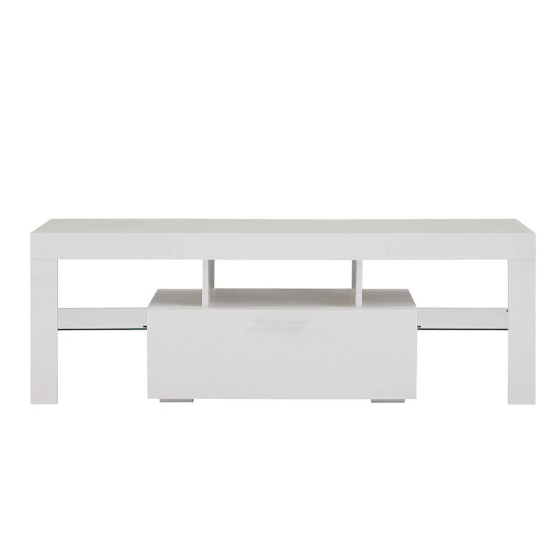 Meuble TV blanc de 130 cm avec lumières LED et étagère en verre trempé pour téléviseurs jusqu'à 55 pouces