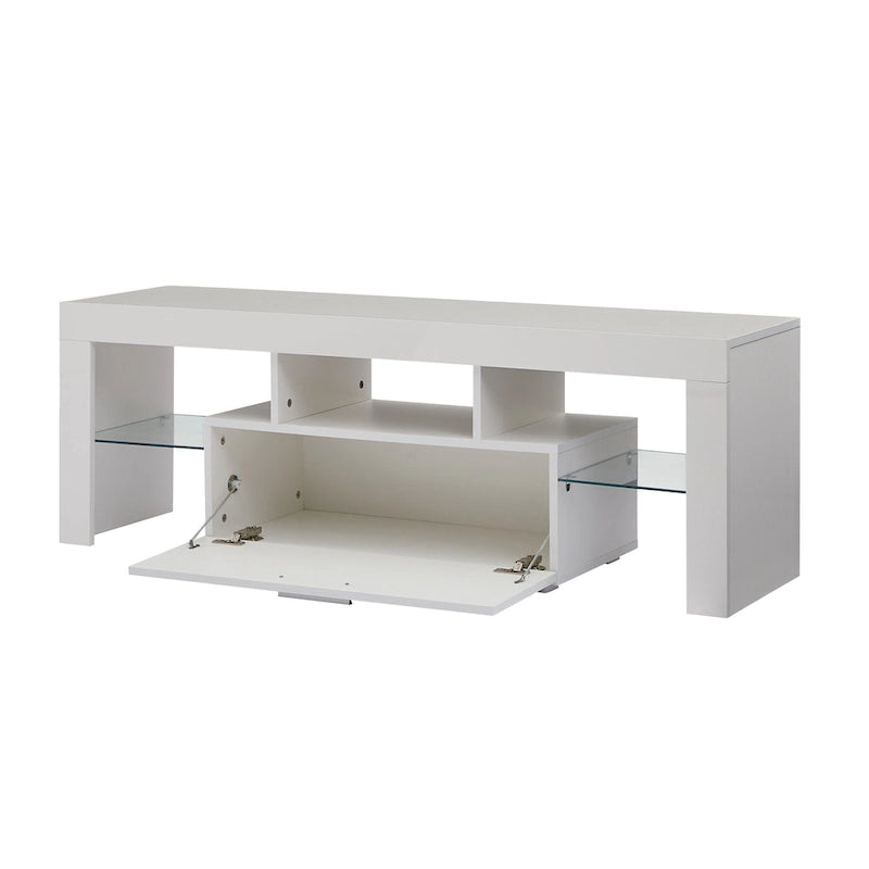 Meuble TV blanc de 130 cm avec lumières LED et étagère en verre trempé pour téléviseurs jusqu'à 55 pouces