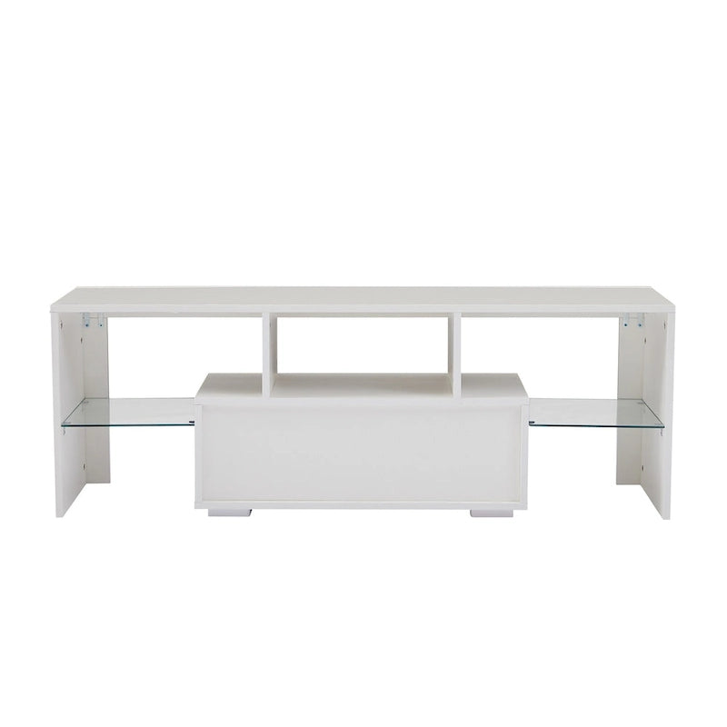 Meuble TV blanc de 130 cm avec lumières LED et étagère en verre trempé pour téléviseurs jusqu'à 55 pouces