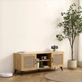 Meuble TV en chêne et rotin avec rangement, meuble de divertissement de 130 cm - 16,00 x 51,20 x 20,50