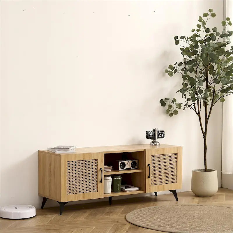 Meuble TV en chêne et rotin avec rangement, meuble de divertissement de 130 cm - 16,00 x 51,20 x 20,50