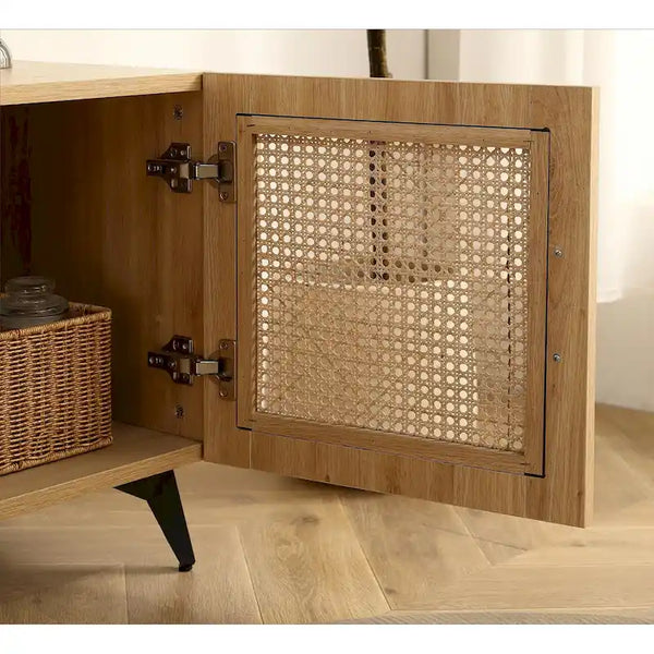 Meuble TV en chêne et rotin avec rangement, meuble de divertissement de 130 cm - 16,00 x 51,20 x 20,50