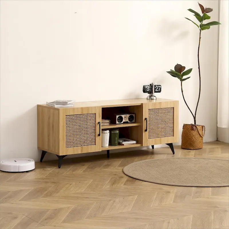 Meuble TV en chêne et rotin avec rangement, meuble de divertissement de 130 cm - 16,00 x 51,20 x 20,50
