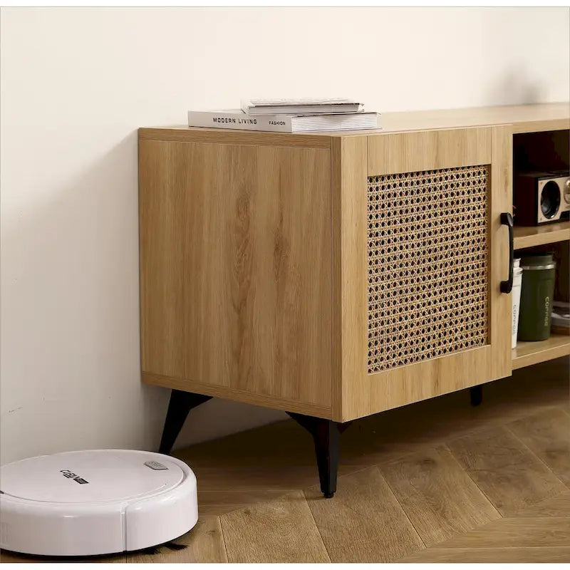 Meuble TV en chêne et rotin avec rangement, meuble de divertissement de 130 cm - 16,00 x 51,20 x 20,50