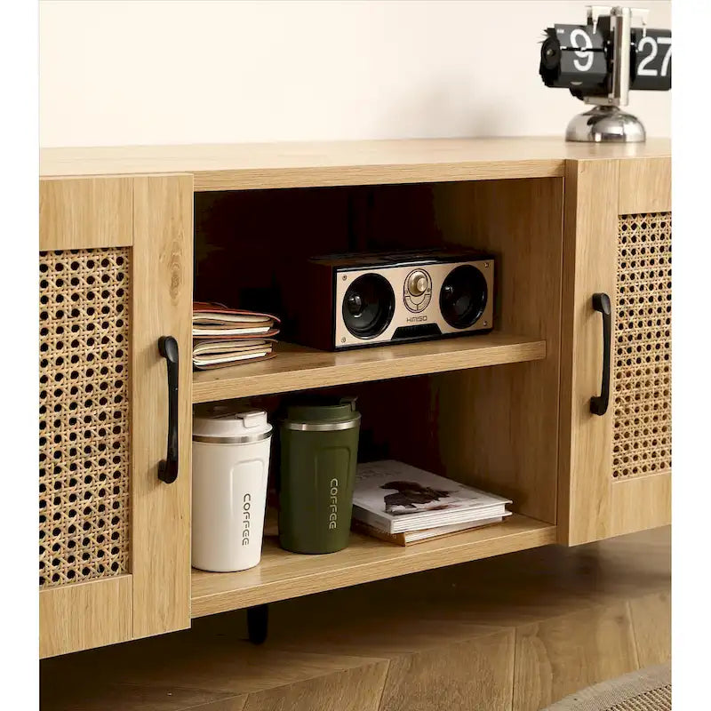 Meuble TV en chêne et rotin avec rangement, meuble de divertissement de 130 cm - 16,00 x 51,20 x 20,50