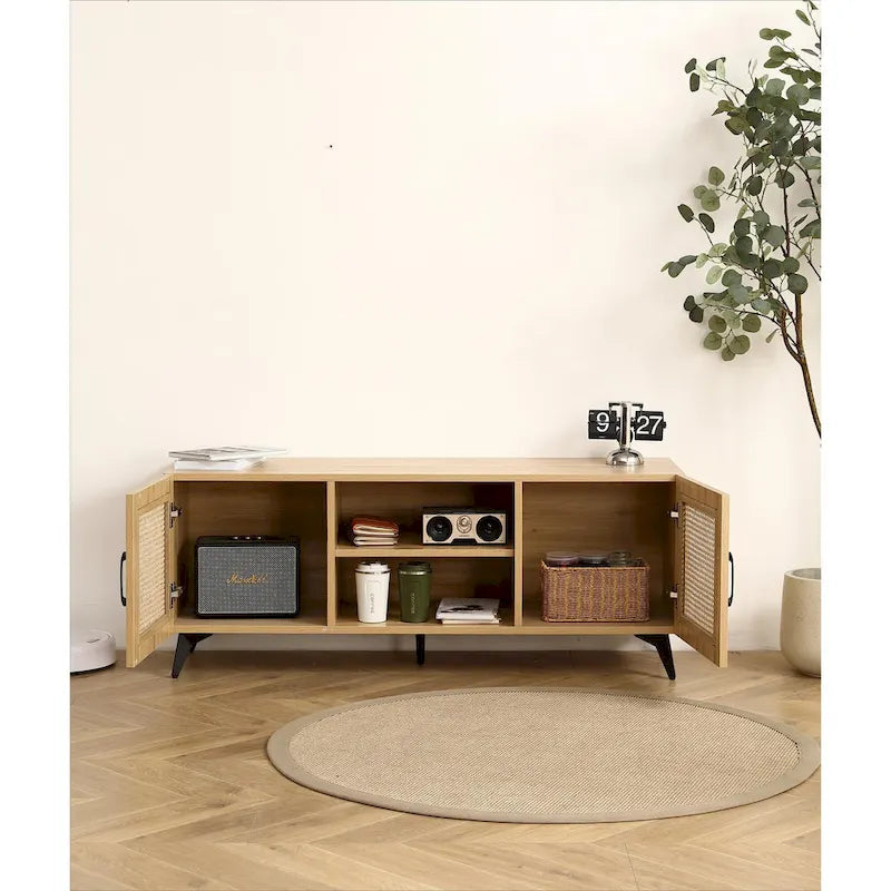 Meuble TV en chêne et rotin avec rangement, meuble de divertissement de 130 cm - 16,00 x 51,20 x 20,50