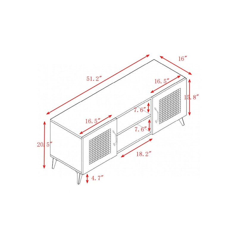 Meuble TV en chêne et rotin avec rangement, meuble de divertissement de 130 cm - 16,00 x 51,20 x 20,50