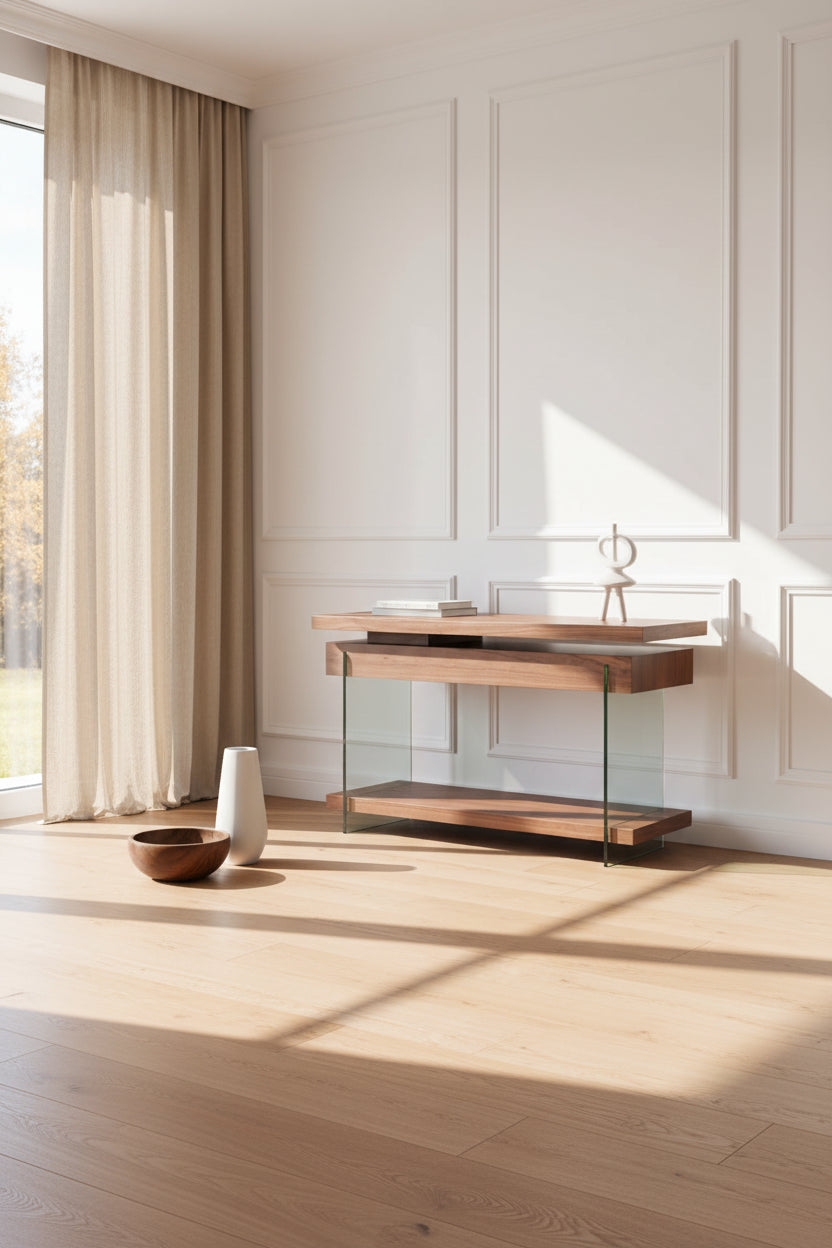 Bureau en verre rotatif et placage de noyer