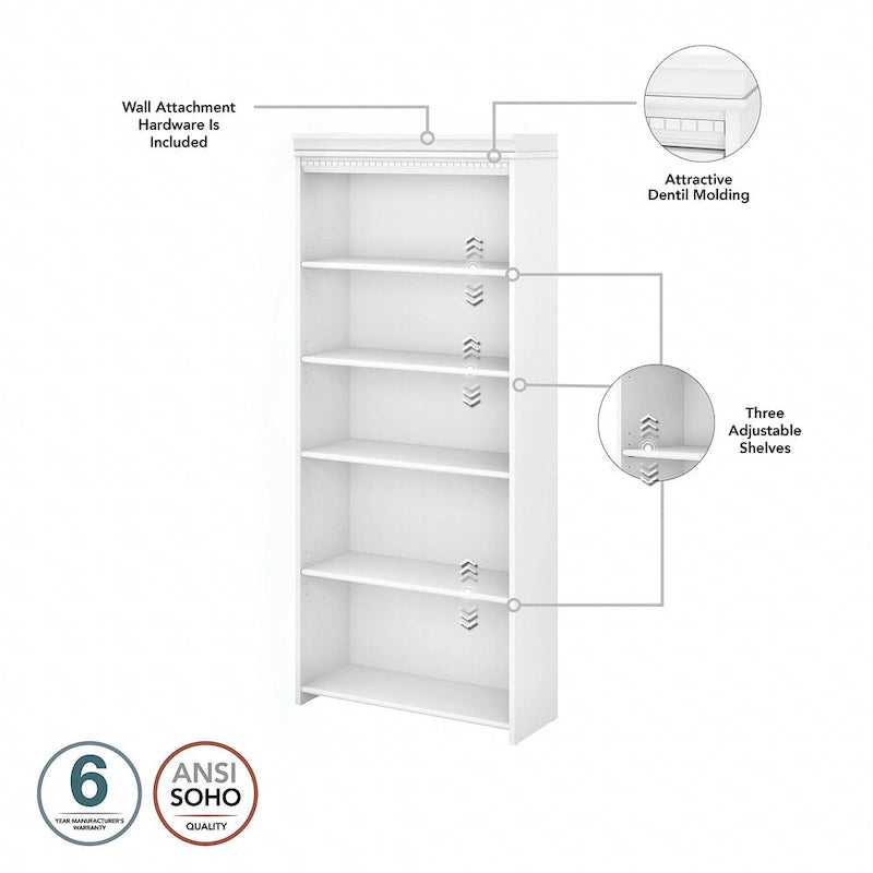Bibliothèque à 5 étagères blanc antique - Antique - 29,57L x 12,09l x 68,94H