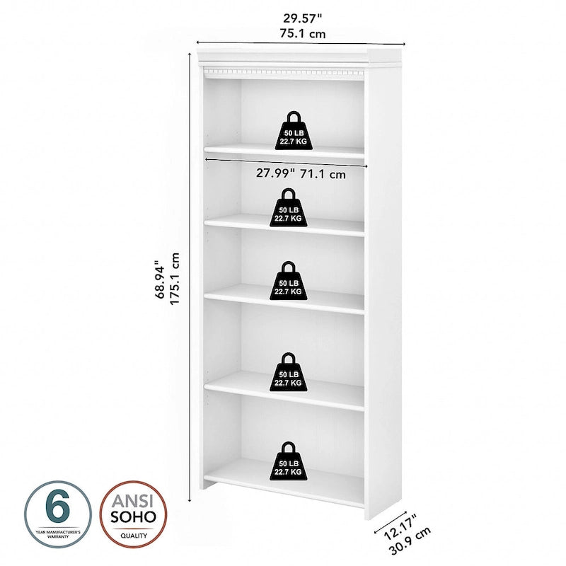 Bibliothèque à 5 étagères blanc antique - Antique - 29,57L x 12,09l x 68,94H