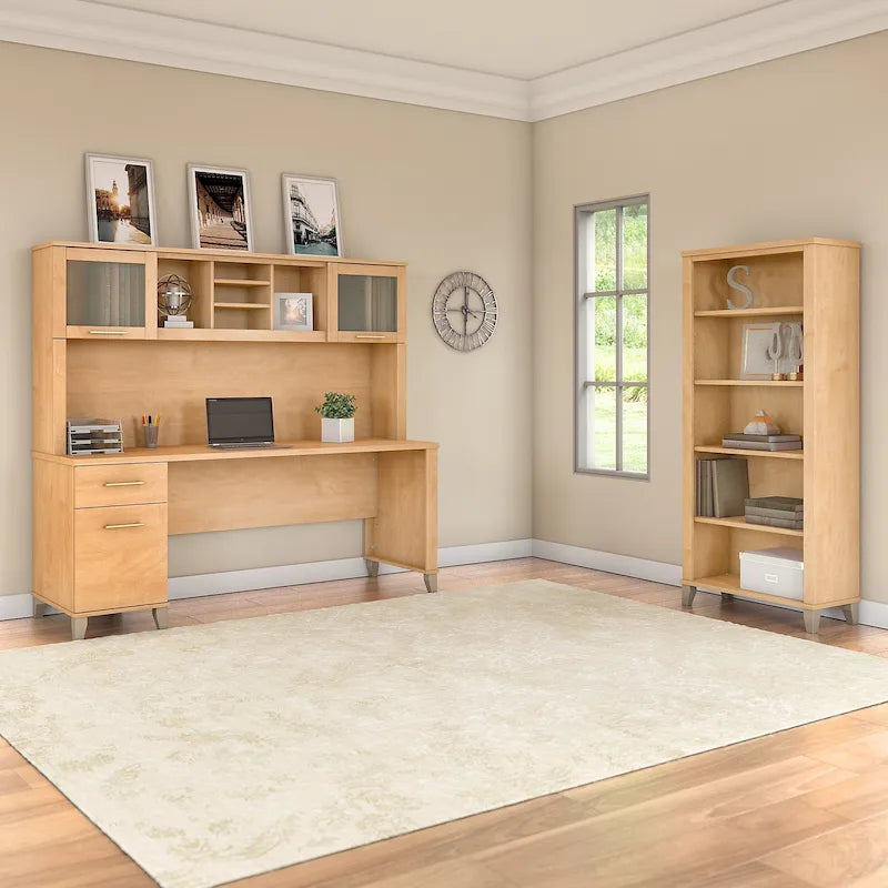 Bureau de 72" de large avec huche et bibliothèque à 5 étagères, gris frêne