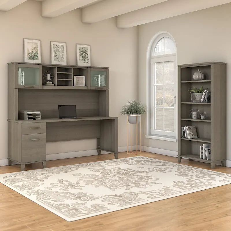 Bureau de 72" de large avec huche et bibliothèque à 5 étagères, gris frêne