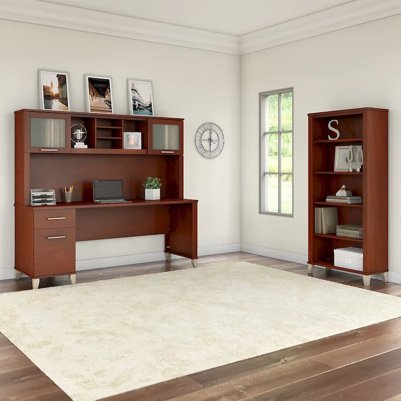 Bureau de 72" de large avec huche et bibliothèque à 5 étagères, gris frêne