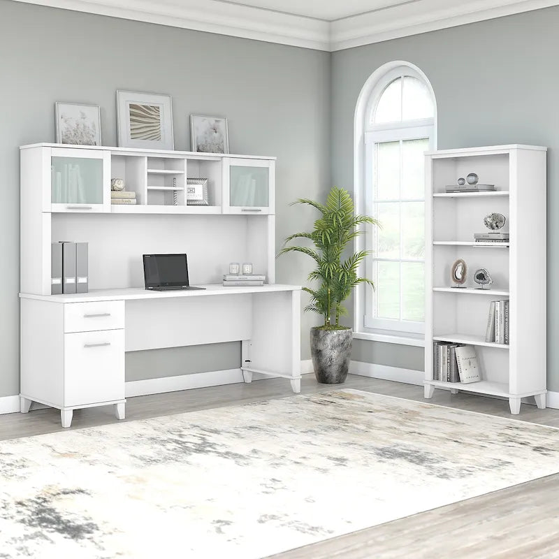 Bureau de 72" de large avec huche et bibliothèque à 5 étagères, gris frêne