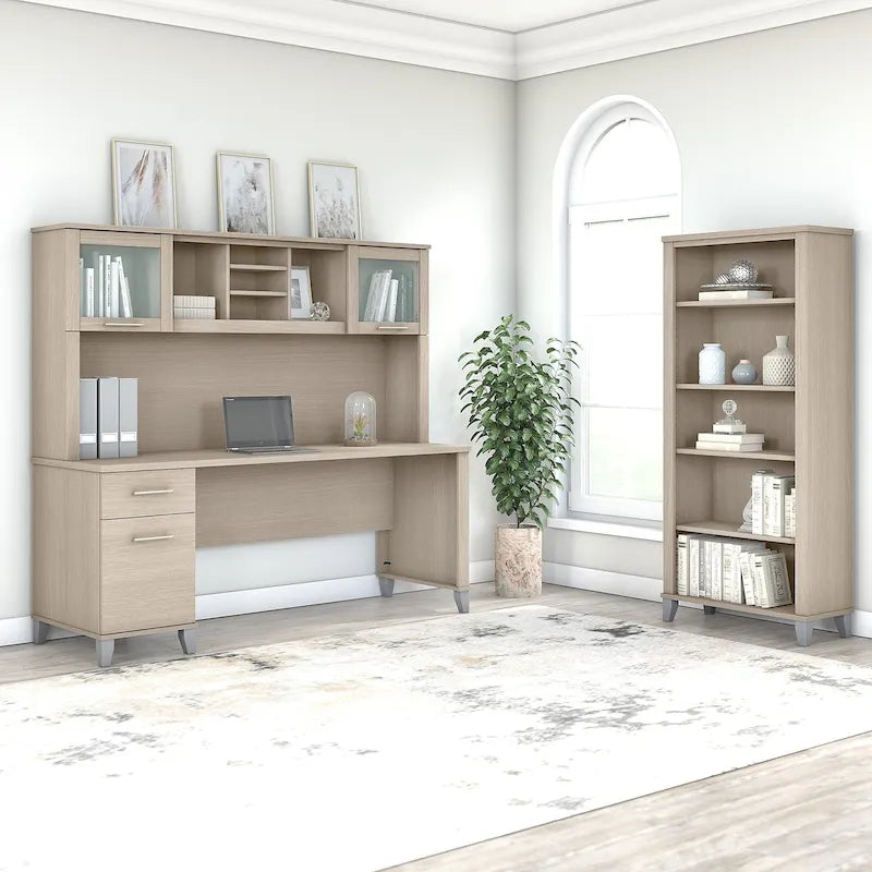 Bureau de 72" de large avec huche et bibliothèque à 5 étagères, gris frêne