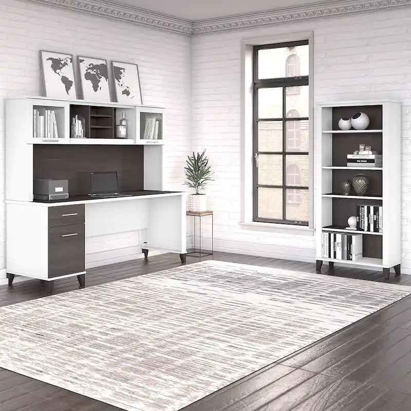 Bureau de 72" de large avec huche et bibliothèque à 5 étagères, gris frêne