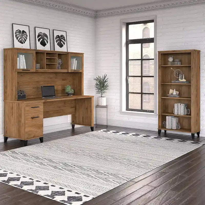 Bureau de 72" de large avec huche et bibliothèque à 5 étagères, gris frêne